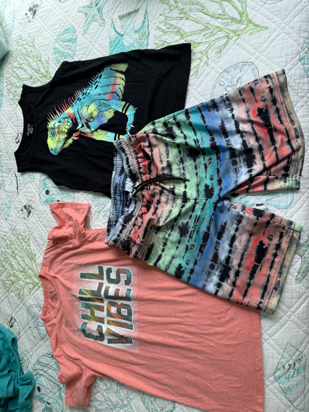 Children’s Place Iguana Tank, Tie-Dye Shorts & Coral Graphic Tee Set